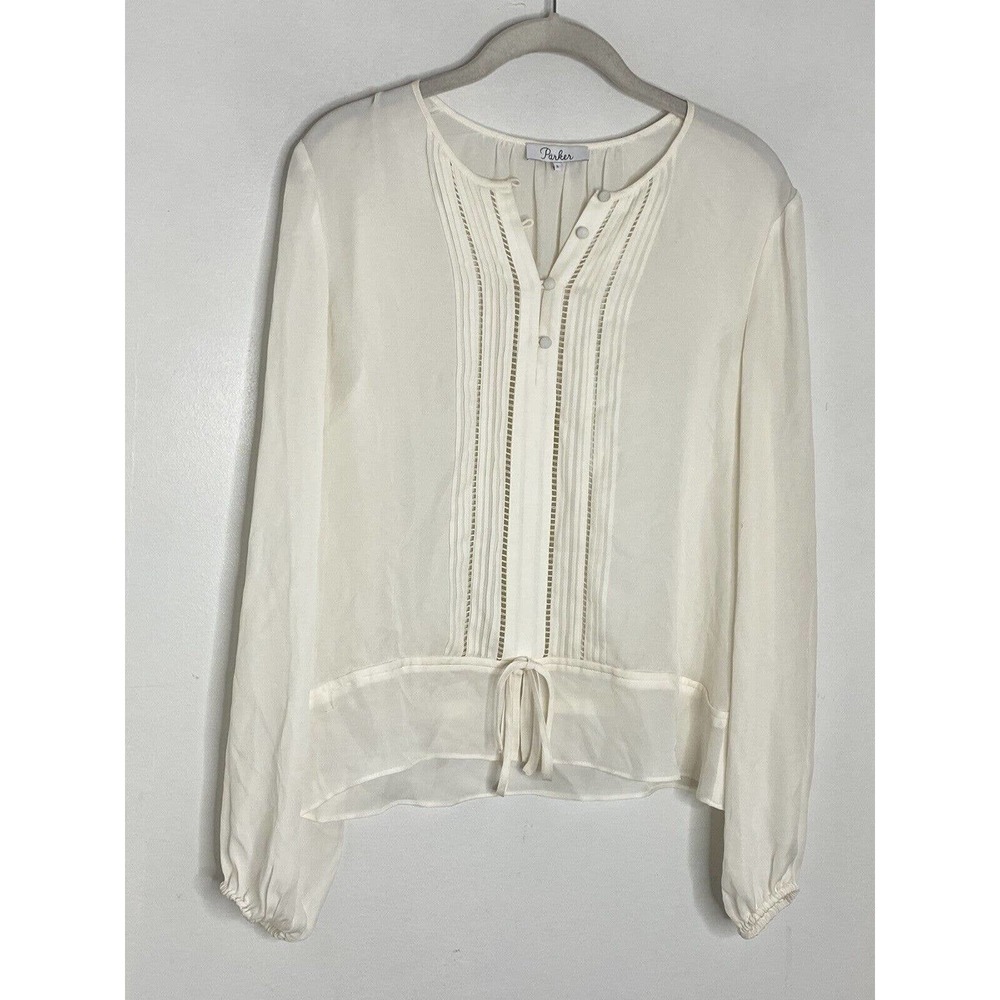 Parker Women Ivory Long Sleeve 100% Silk Button Boho Blouse Top Sz Small O1 - Picture 2 of 8